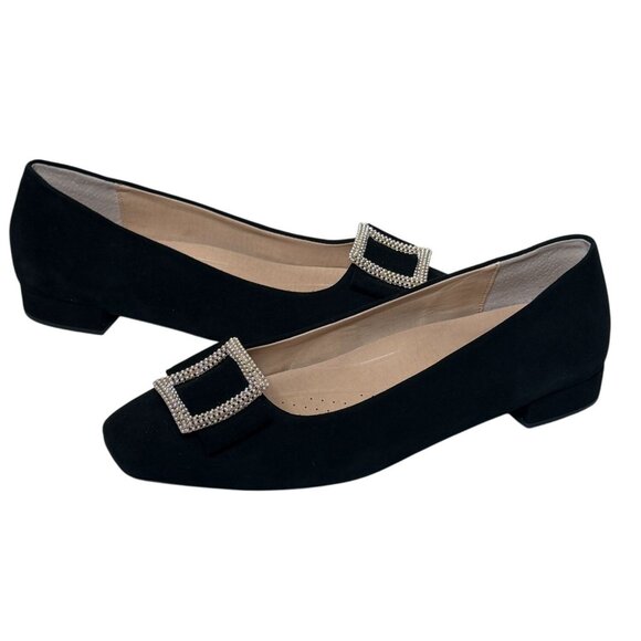 Alex Marie Black Suede Rhinestone Buckle Flats - Picture 1 of 12